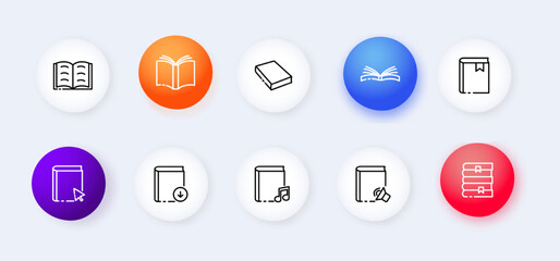 Fototapeta na wymiar Fiction set icon. Book, writer, scroll, letter, e book, education, learning, story, fairy tale, literature, inspiration, lamp, occupation. Reading concept. Neomorphism style. Vector line icon