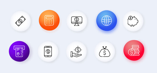 Money set icon. Check, transaction, bank, calculator, stack coin, envelope, order, cash, tax, shield, salary, bill. Shopping concept. Neomorphism style. Vector line icon for Business and Advertising