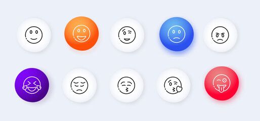 Emoticon set icon. Sadness, crying, love, laughter, surprise, tongue, anger, consternation, startle, distempered emotion, feeling, emoji. Mood concept. Neomorphism style. Vector line icon