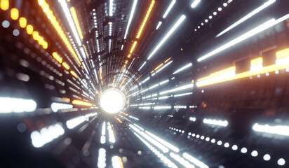 Metal sci-fi tunnel with streaks of light.  3D rendering.