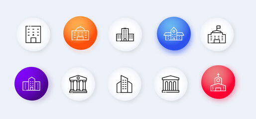 Building se icon. Architecture, skyscraper, apartments, church, museum, theater, administration. Engineering concept. Neomorphism. Vector line icon for Business and Advertising