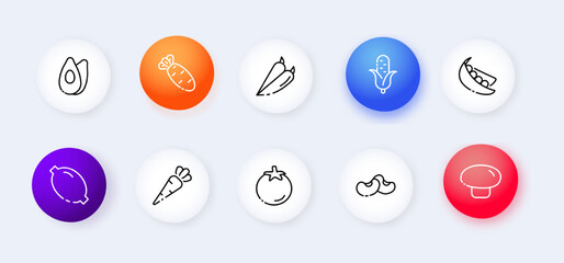 Vegetables set icon. Avocado, carrot, red chili, corn, peas, lemon, tomato, beans, mushroom. Helthy food concept. concept. Neomorphism style. Vector line icon for Business and Advertising