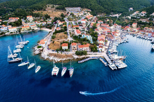 Aerial view of the beautiful Fiskardo village in kefalonia island, ionian, west Greece.