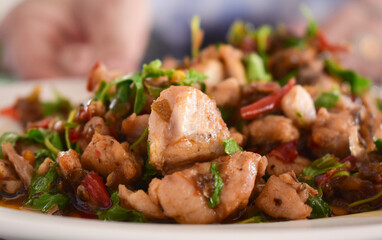 Thai style pork basil stir fried food finely chopped fried background topping stir fried healthy fresh traditional hot meal