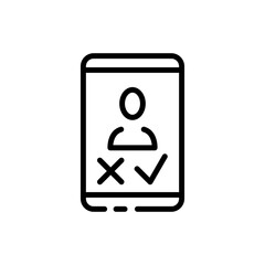 Phone with a check mark and person line icon. Message, letter, comment, approved, tick, feedback, reaction. Communication concept. Vector black line icon on a white background