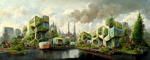 Spectacular eco-futuristic cityscape concept full with greenery, skyscrapers, parks, and other manmade green spaces in urban area. Green garden in modern city. Ai generated art illustration - obrazy, fototapety, plakaty