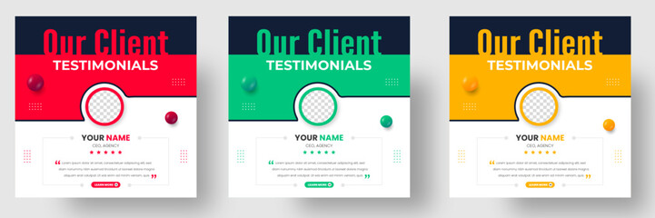 Customer feedback testimonial social media post web banner template. client testimonials social media post banner design template with red, green and yellow color.