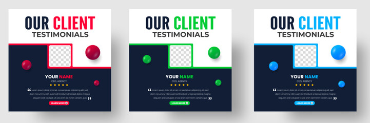 Customer feedback testimonial social media post web banner template. client testimonials social media post banner design template with red, green and blue color.