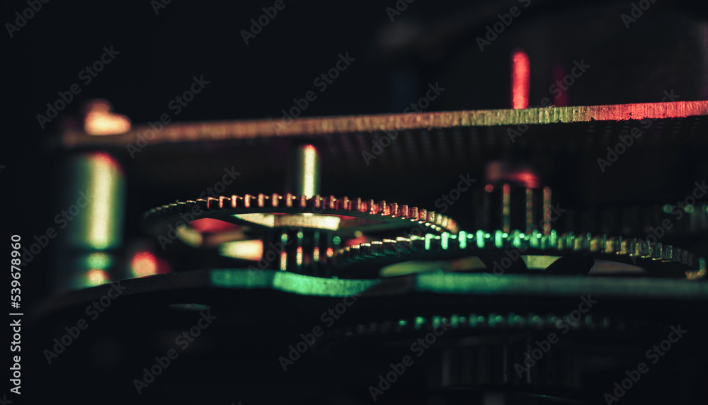Aufkleber close up beautiful old gearsin neon light. minimalism retro style concept. background pattern for de