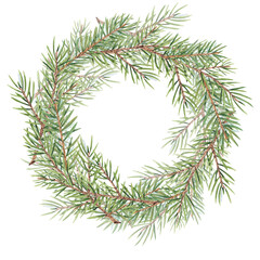 Fototapeta na wymiar Watercolor wreath with Christmas tree branches on a white background. Decoration of green plants, pine, pine needles, spruce. Vintage frame made of twigs. Suitable for Christmas cards, print, design.