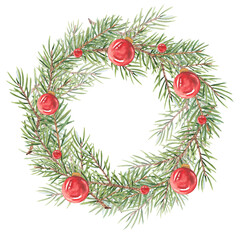 Watercolor wreath with Christmas tree branches on a white background. Decorated with Christmas tree toys. Red Christmas ball. Vintage frame made of twigs. Suitable for Christmas cards, print, design.