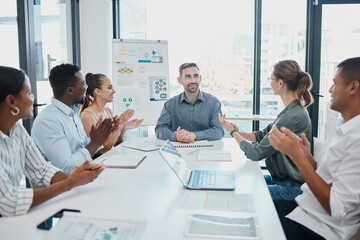 Business people, meeting or clapping in digital marketing success, company finance budget deal or office growth. Smile, happy teamwork or collaboration applause in target audience or kpi presentation