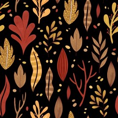 Seamless pattern of different branches and leaves. Hand-drawn in doodle style. Warm colors	
