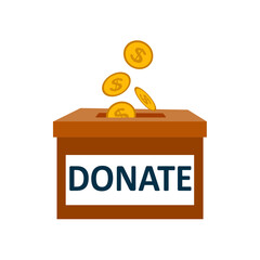 Donation box with golden coin icon. Cartoon illustration of donation box icon with golden coin box for donations vector icon for web