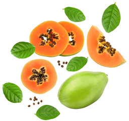 sliced ripe papaya fruit with green leaves isolated on white background. exotic fruit. clipping path