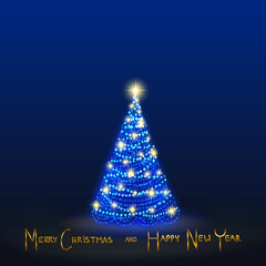 Merry Christmas text on blue background and fir tree .