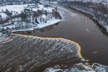 Winter landscape. Aerial view of Venta Rapid (Ventas rumba), waterfall on the Venta River in...