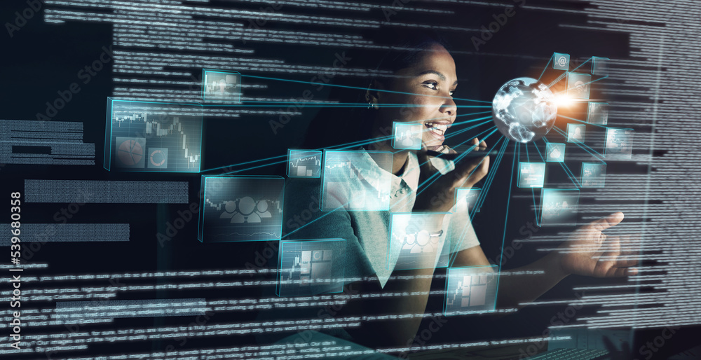 Aufkleber Woman, futuristic technology and phone networking with big data for global communication at night. Female employee developer at work on digital transformation, cyber security and fintech overlay