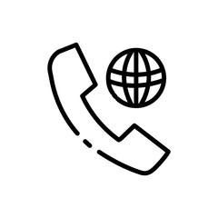 Phone with globe line icon. Phone, handset, calls all over the planet, communication, geolocation, gps. Contact us concept. Vector black line icon on a white background