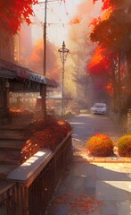 Drawing of the streets of the city in the fall. Autumn mood. 