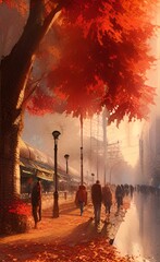 Fototapeta premium Drawing of the streets of the city in the fall. Autumn mood. 
