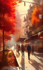 Drawing of the streets of the city in the fall. Autumn mood. 