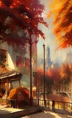 Drawing of the streets of the city in the fall. Autumn mood. 