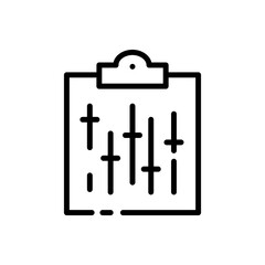Clipboard with sliders line icon. Check mark, Plus, minus, add, delete, tick, cross, to do list, tablet, confirm, cancel. Vote concept. Vector black line icon on a white background