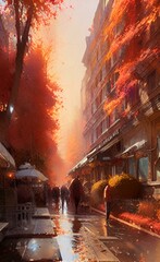 Drawing of the streets of the city in the fall. Autumn mood. 