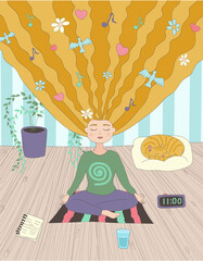 girl and meditation. Yoga for woman. Yoga in the home. 100% vector. Hand draw