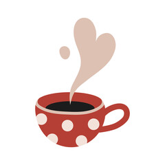 Warming drink in a mug with polka dots, cartoon style. Cozy mood for winter. Trendy modern vector illustration isolated on white background, hand drawn, flat design.