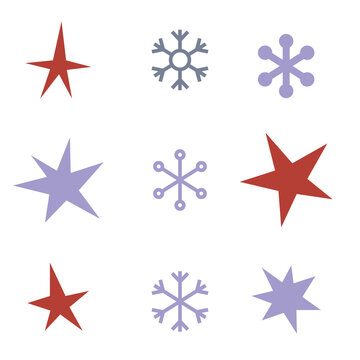 Snowflakes and stars set, cartoon style. Trendy modern vector illustration isolated on white background, hand drawn, flat design.