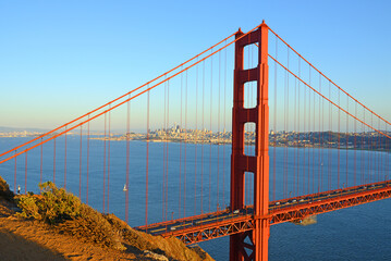 San Francisco and Golden Gate Bridge from Marin Headlands. California, United States. Evening
