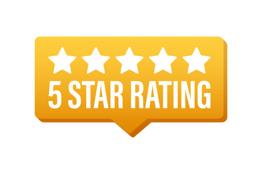 5 star rating. Badge with icons on white background. Vector illustration.