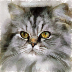 Naklejka na ściany i meble Stylized image of a cat's face on canvas.