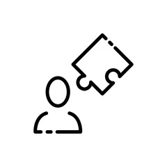 Putting together puzzles line icon. Man with puzzle, problem solving, creative think, inspiration, teamwork, riddle, jigsaw puzzle. Vector black line icon on a white background