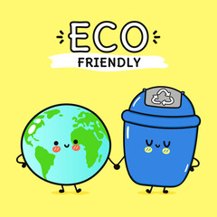 Cute happy planet Earth and trash can card. Vector hand drawn doodle style cartoon character illustration icon design. Happy planet Earth and trash can Eco friendly concept card