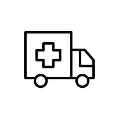 Ambulance car line icon. Pills, nurse, drugs, pill reminder, plate, treatment, disease, doctor, pharmacy, first aid kit. Health care concept. Vector black line icon on a white background