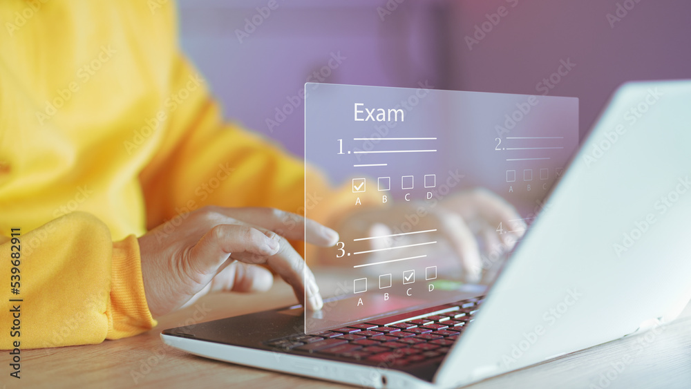 Poster online exam concept, choose correct answer in test. checklist and online testing on laptop. online e