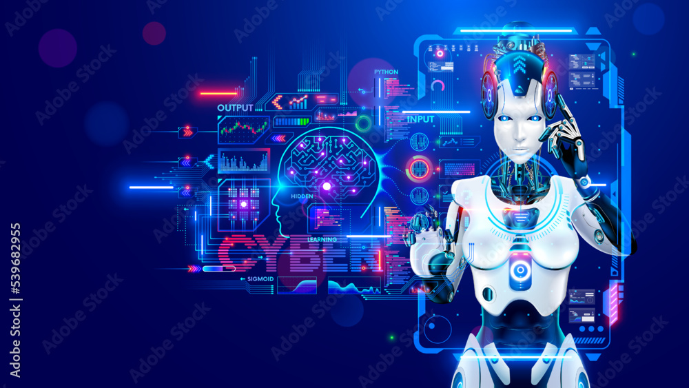 Poster AI in image robot woman or female cyborg working on 3d holographic interface. Robotic lady with Beautiful face and cybernatic hand pressing button. Anthropomorphic Artificial intelligence AI concept.
