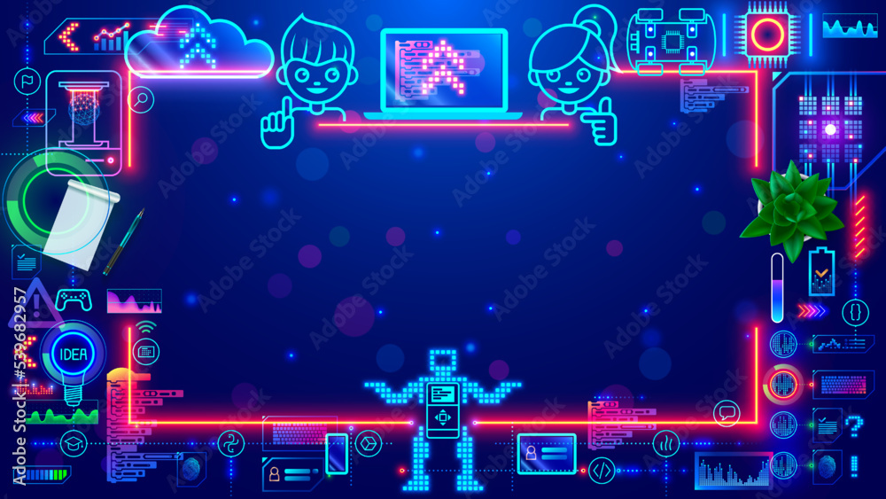 Poster Frame in electronic tech style for kids educational. Child computer online learning STEM subjects. Empty border with tech doodles in teens style. Boy, girl making robot and software for controls him.