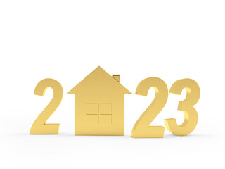 Golden number of New Year 2023 with house icon isolated on white. 3D illustration