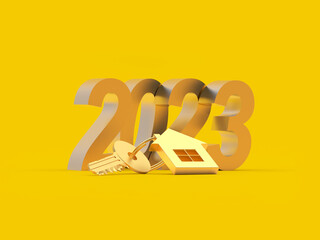 Golden key with a house keychain and the number of the New Year 2023 on a yellow background. 3D illustration