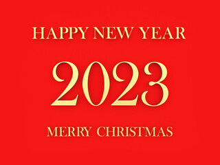 Red banner with golden number of New Year 2023 and text Merry Christmas greetings. 3D illustration