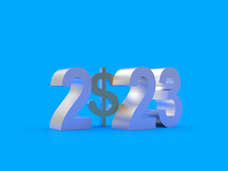 Silver number of New Year 2023 with dollar sign on blue. 3D illustration
