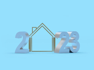 House icon with silver number 2023 on blue. 3D illustration