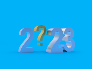 Question mark in the number of New Year 2023 on blue. 3D illustration
