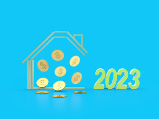 House icon with coins and number 2023 New Year on a blue background. 3D illustration