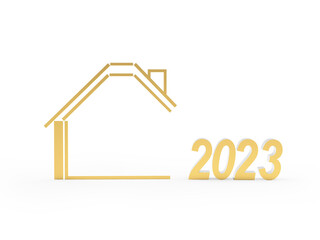 House icon with New Year number 2023 isolated on white. 3D illustration