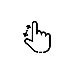 Hand with move cursor line icon. Move object, control buttons, zoom in and out, arrows, navigation, maximize. Technology concept. Vector black line icon on a white background